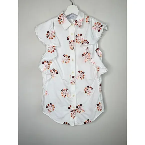 Pearl by Lela Rose Embroidered Floral Ruffle Trim Button-Up Shirt White Small - Picture 2 of 11
